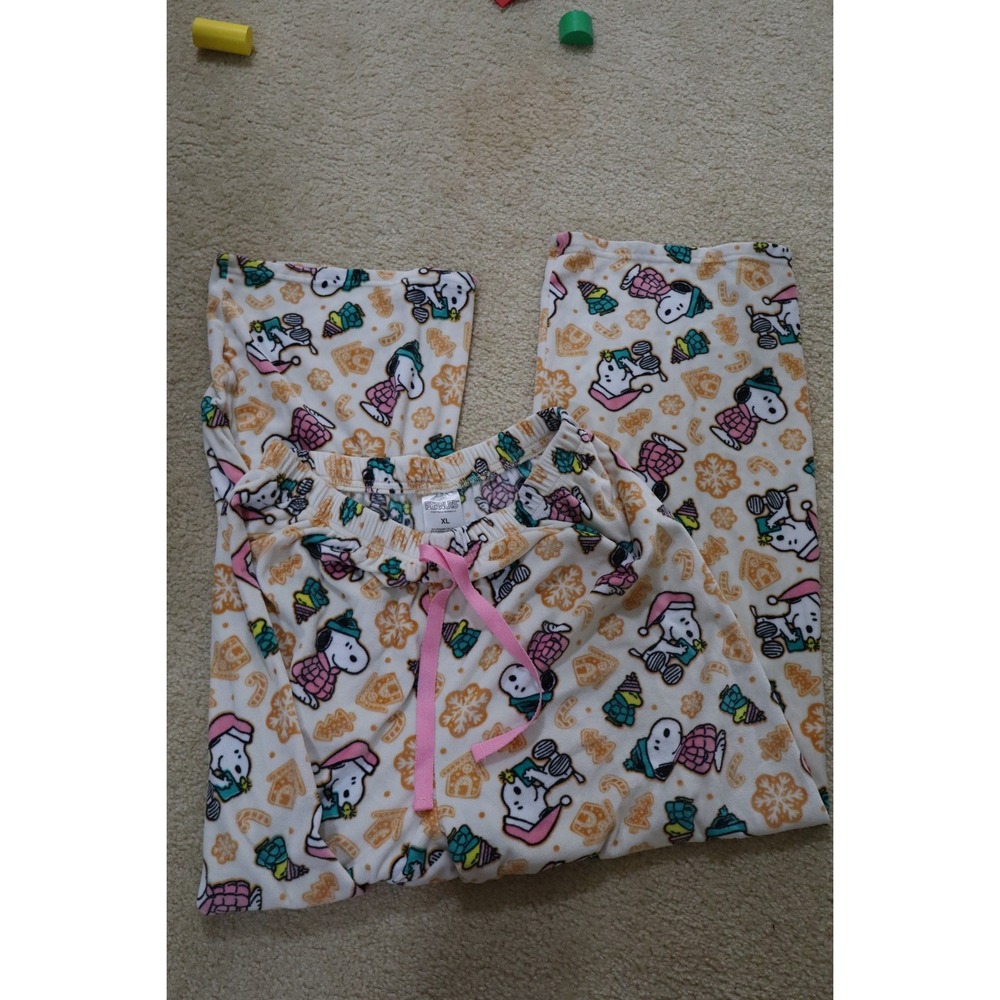 Christmas Holiday Peanuts Snoopy Pajama Pants XL Cream Fleece Gingerbread